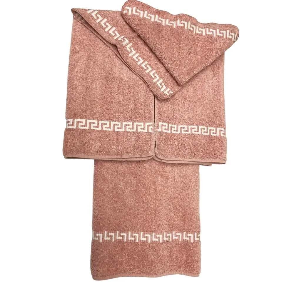 Vintage 1980s Set 5 Cannon Pink Greek Key Trim Bath Hand Towels and Wash Cloths